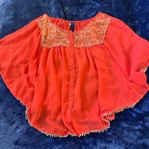 Vibrant Red Sheer Blouse with Lace Detail